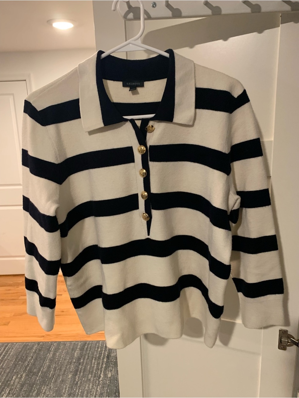Talbots Navy and White Striped Polo Knit Sweater